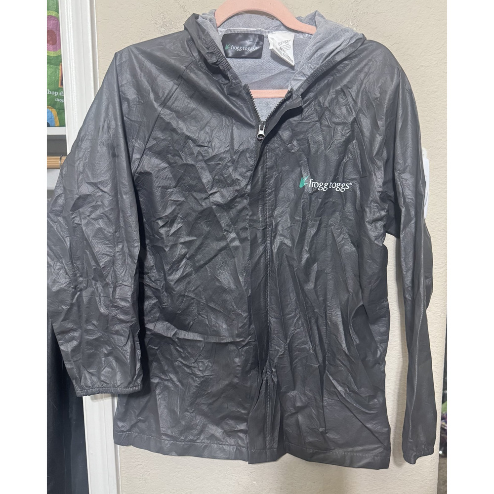 FROGG TOGGS Womens Gray Hooded Rain Jacket Size L/XL full zip & snap lightweight